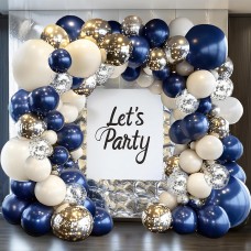 Navy Blue Silver Balloons Garland Arch Kit, Double Stuffed Dark Blue Pearl Sand White Silver Metallic Balloons with Confetti Balloon for Graduation Birthday Baby Shower Wedding Party Decorations...